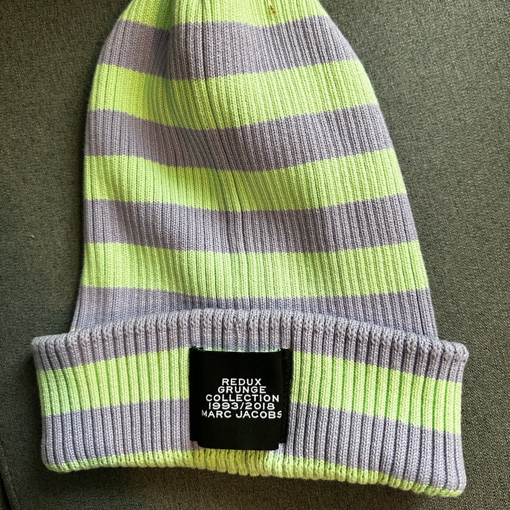 Marc Jacobs Striped Oversized Beanie Mint and Lavender